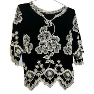 Solitaire Women's Blouse Top Multicolor Small Floral V-Neck Embroidered Rayon